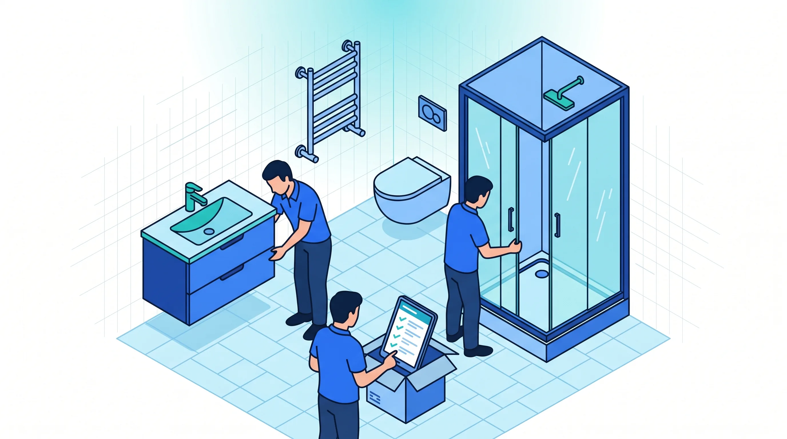 Installation de salle de bains : du devis d'ouvrage à la mise en service Plombier installant une salle de bains (douche, lavabo, robinetterie), suivi du chantier sur tablette