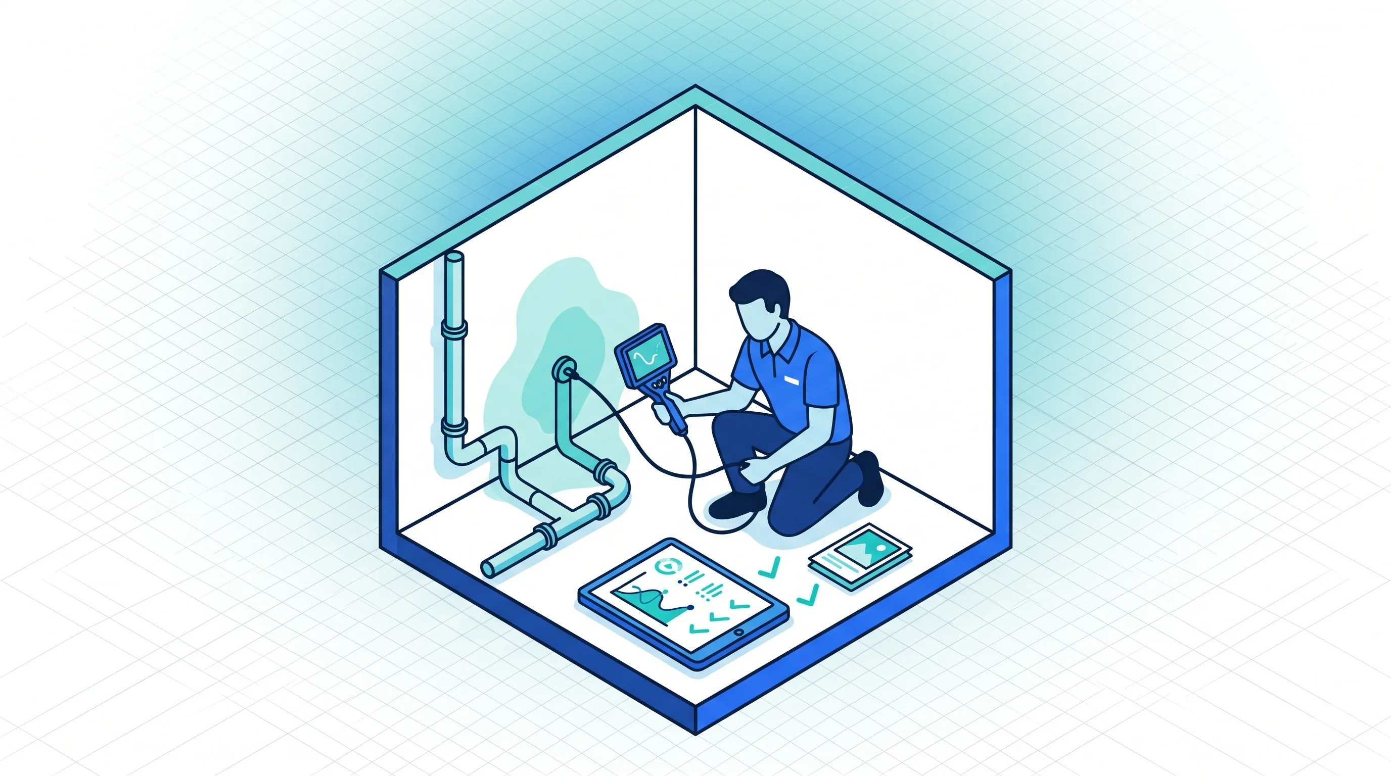 Recherche de fuite et dégât des eaux : un dossier complet pour l'assurance Plombier réalisant une recherche de fuite avec caméra d'inspection, relevés et photos sur tablette pour le dossier d'assurance