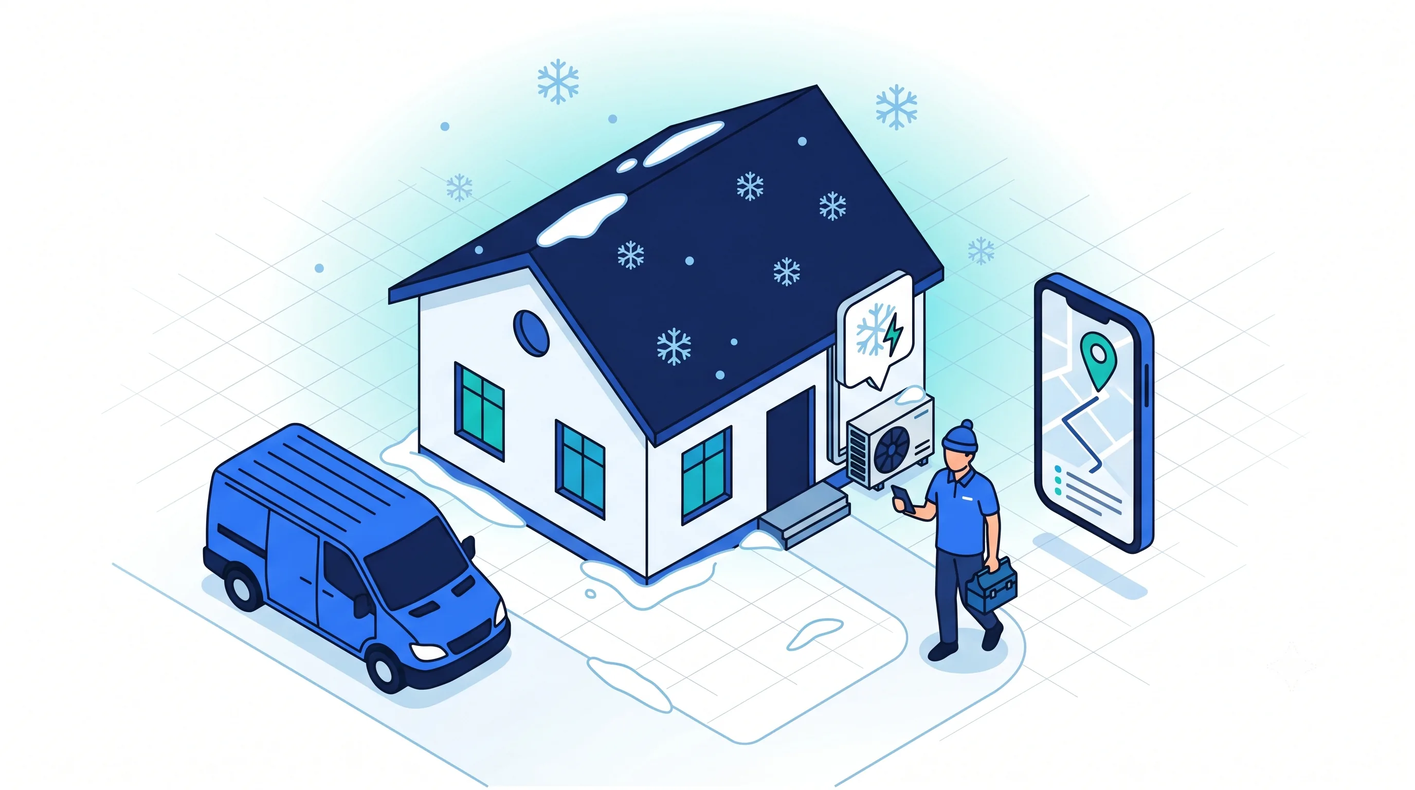 Dépannage d'une pompe à chaleur en panne en plein hiver : technicien géolocalisé arrivant chez le client sous la neige