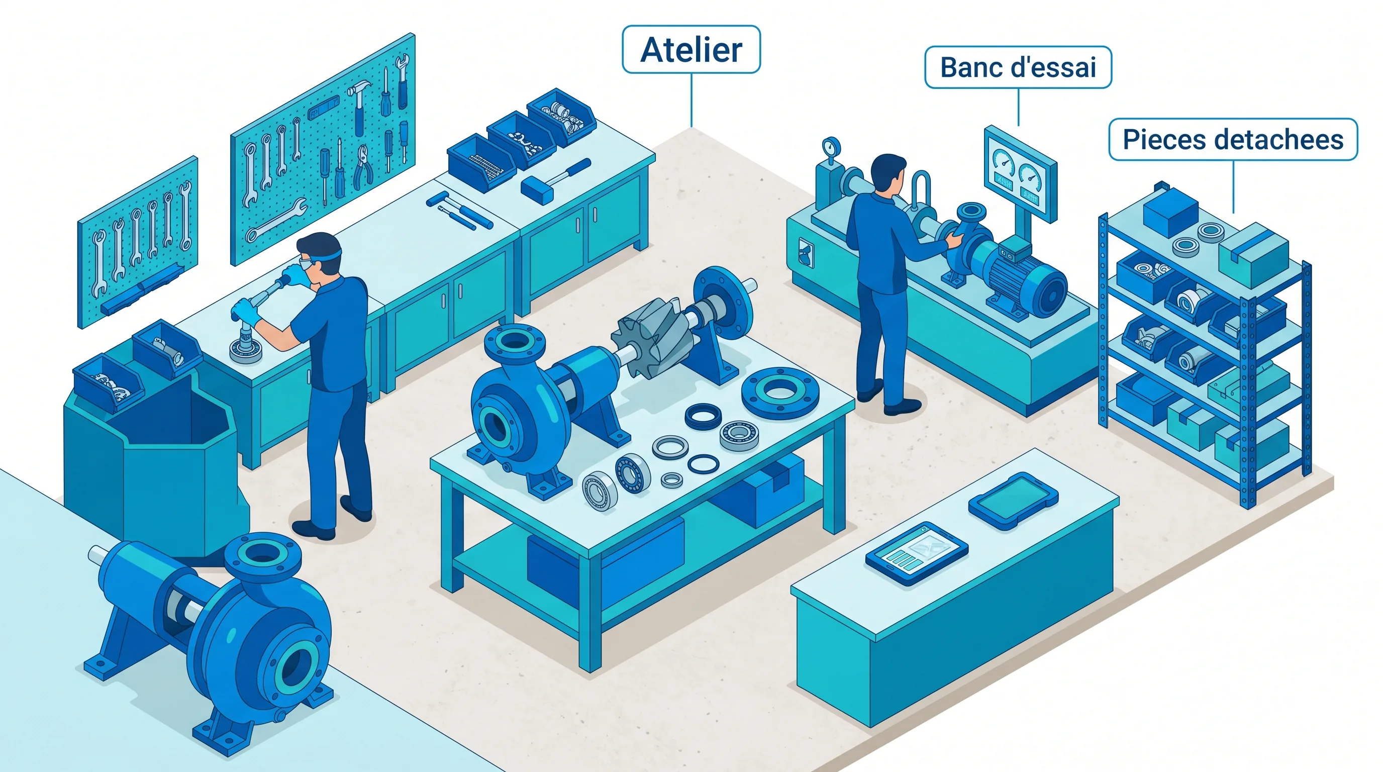 Atelier de maintenance de pompes et compresseurs
