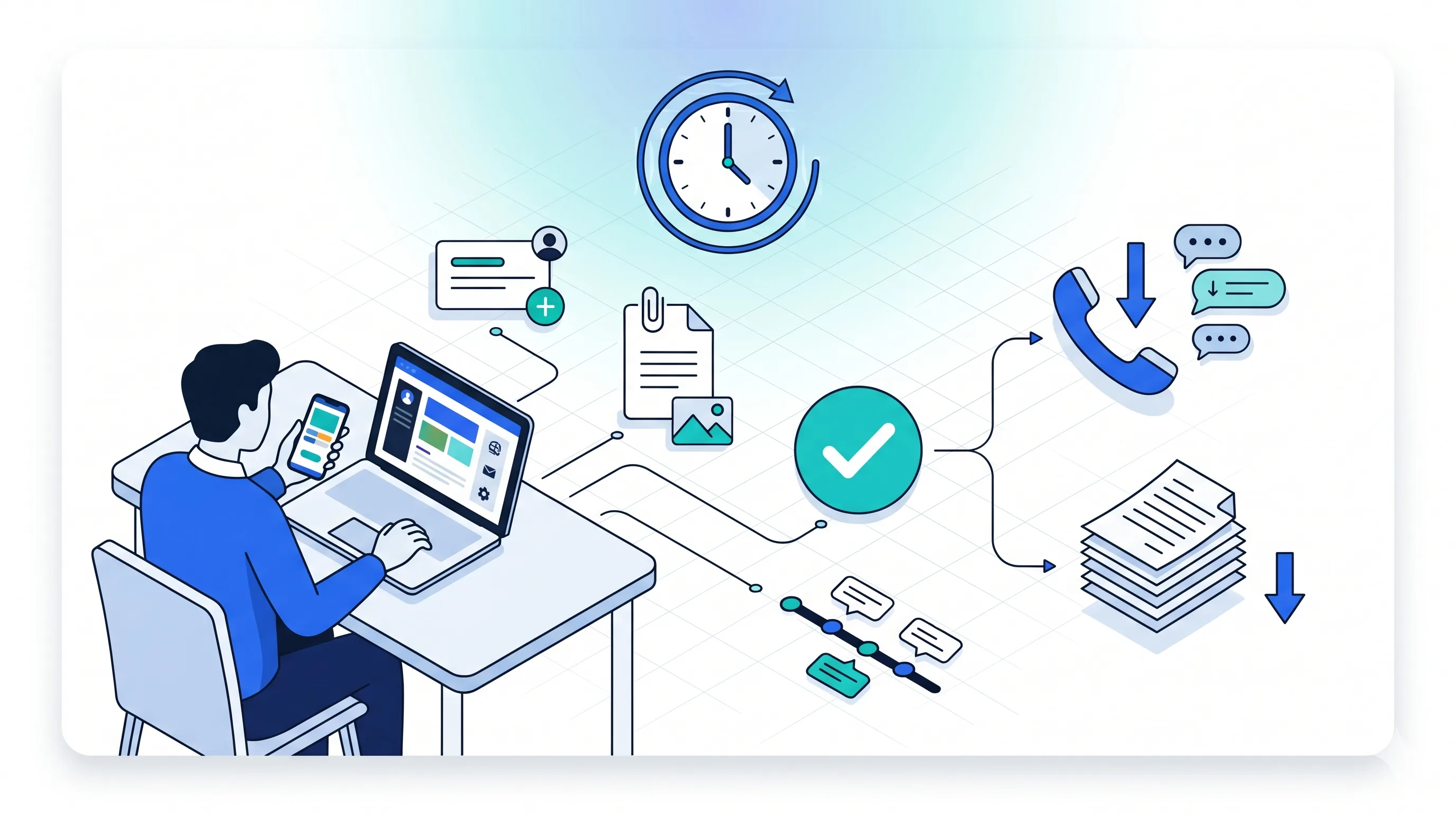 Client en self-service sur le portail web SAV 24h/24 : créer un ticket, joindre une photo, accepter un devis et suivre l'avancement, réduisant les appels et l'administratif avec Service 9000.