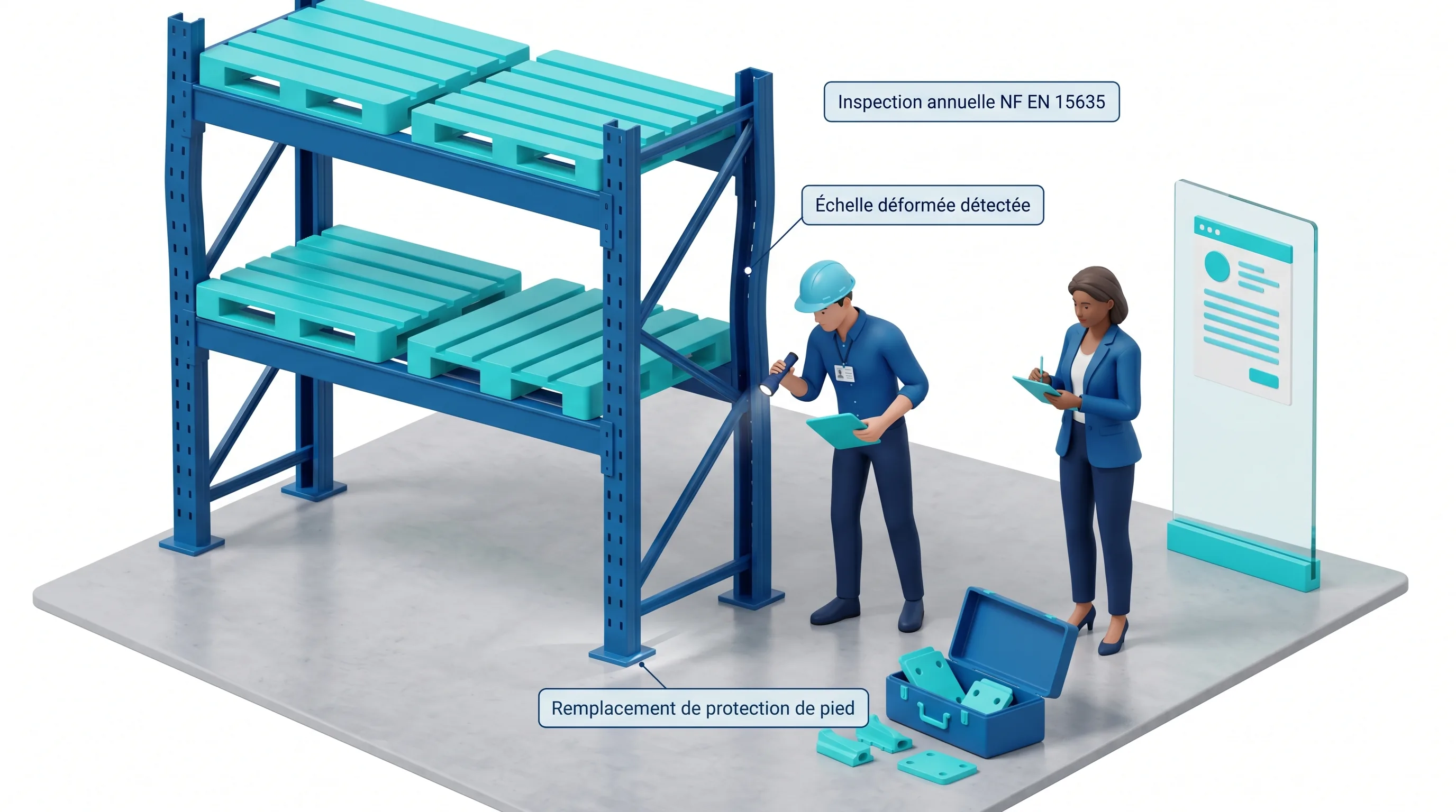 Inspection annuelle de rayonnage en entrepôt par un technicien certifié