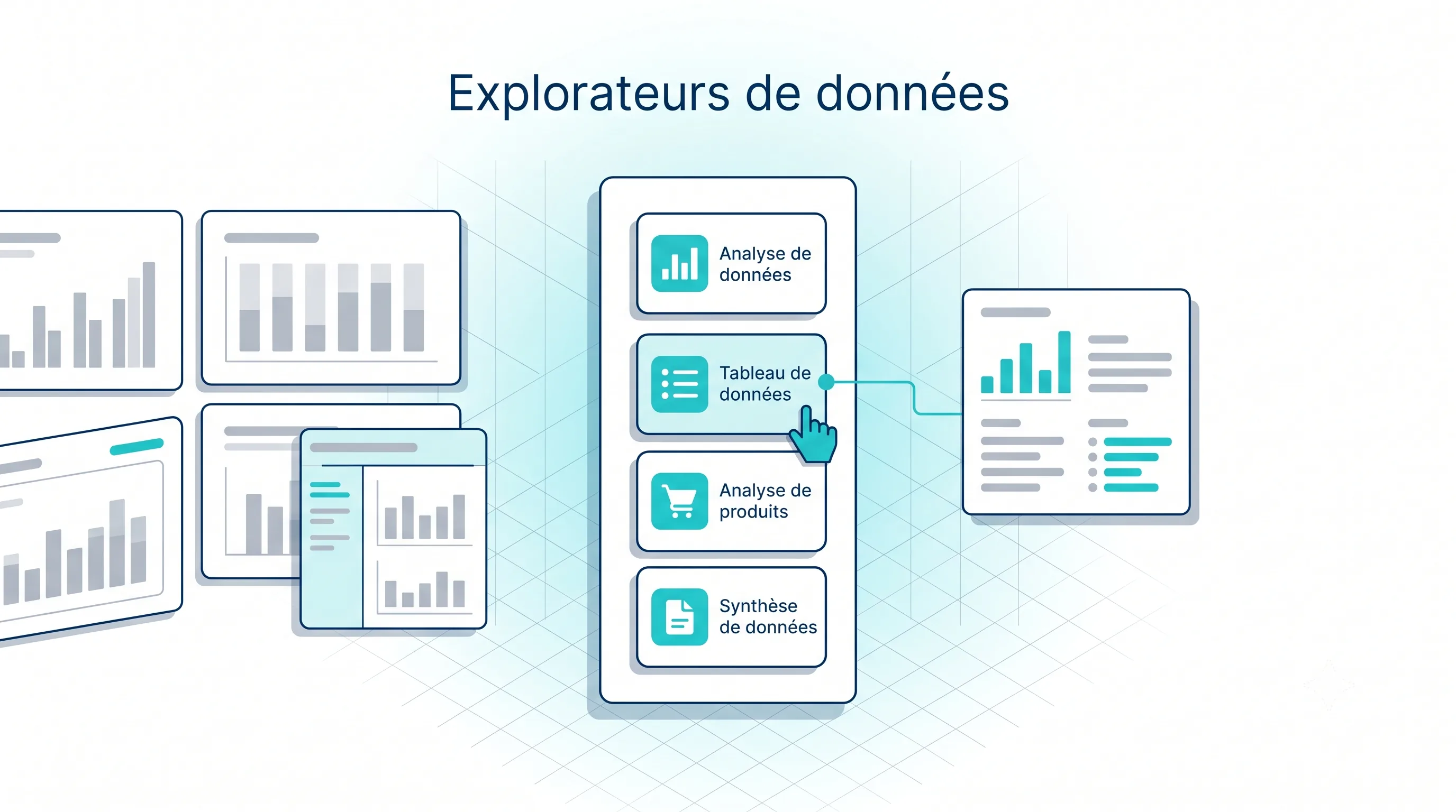 Multiples explorateurs de données de ventes avec Service 9000 pour générer des rapports : dossiers, marges, pannes par modèle