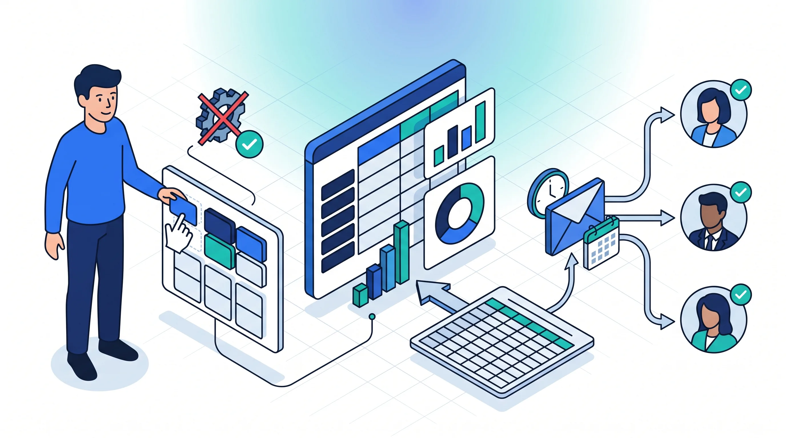 Générateur de rapports Service 9000 accessible à tous sans service informatique : tableaux croisés dynamiques par glisser-déposer et envoi automatique des rapports par mail aux clients, partenaires et collaborateurs.