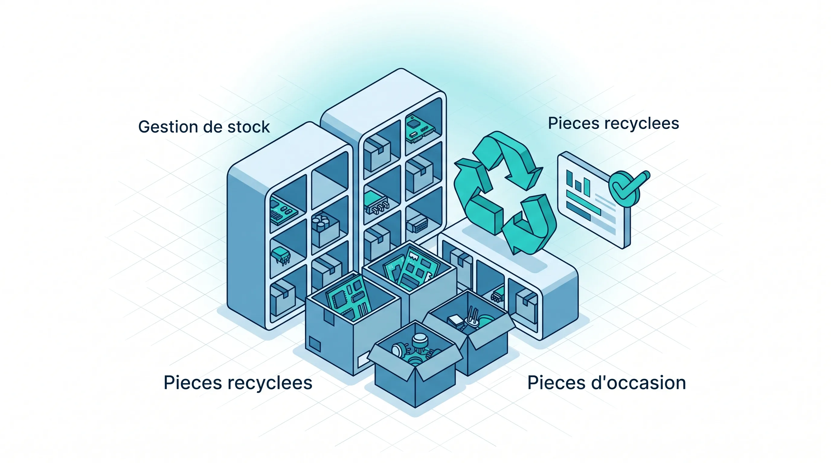 Gestion de stock écologique et pièces recyclées (loi AGEC) - Service 9000 Gestion de stock écologique des pièces détachées SAV : pièces d'occasion et recyclées en conformité avec la loi AGEC.