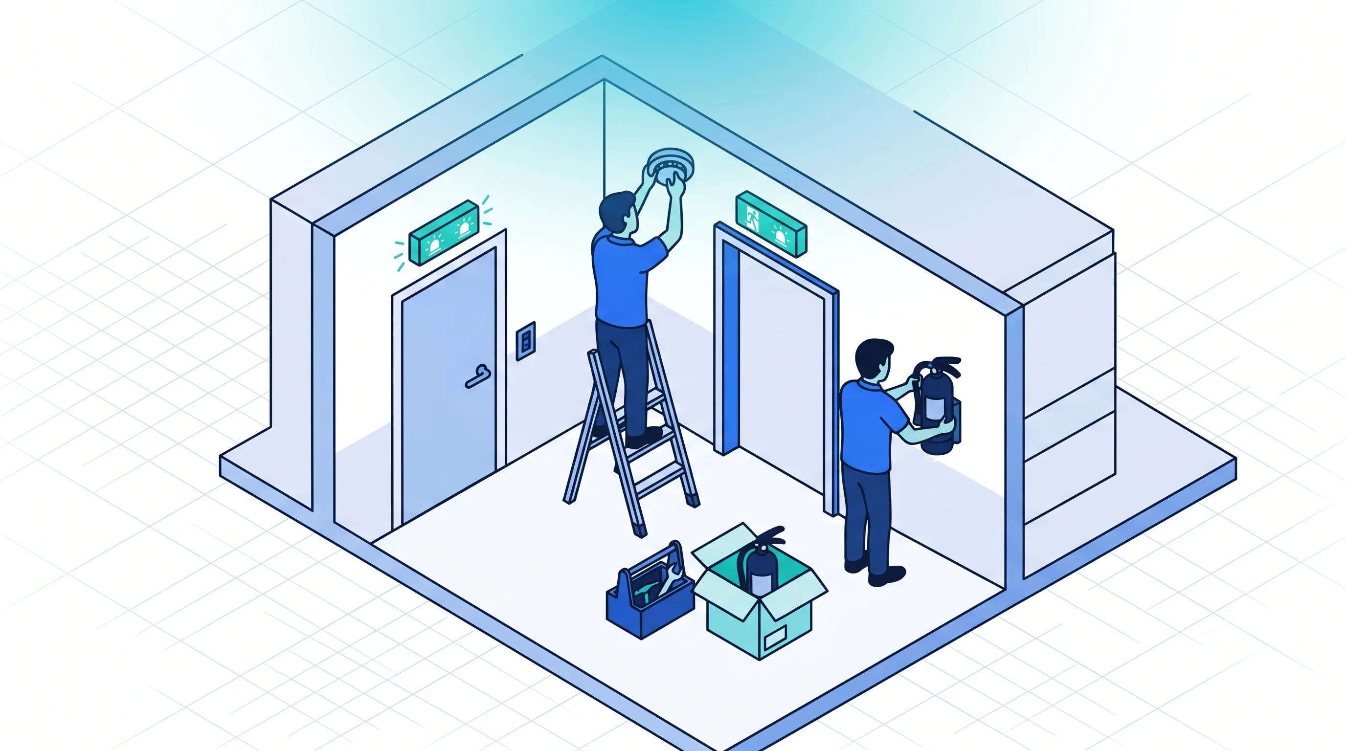 Chantiers d'équipement : pose, réception et mise sous contrat dans le même dossier Chantier d'installation d'équipements de sécurité incendie : techniciens posant extincteurs, détecteurs et éclairage de sécurité dans un bâtiment
