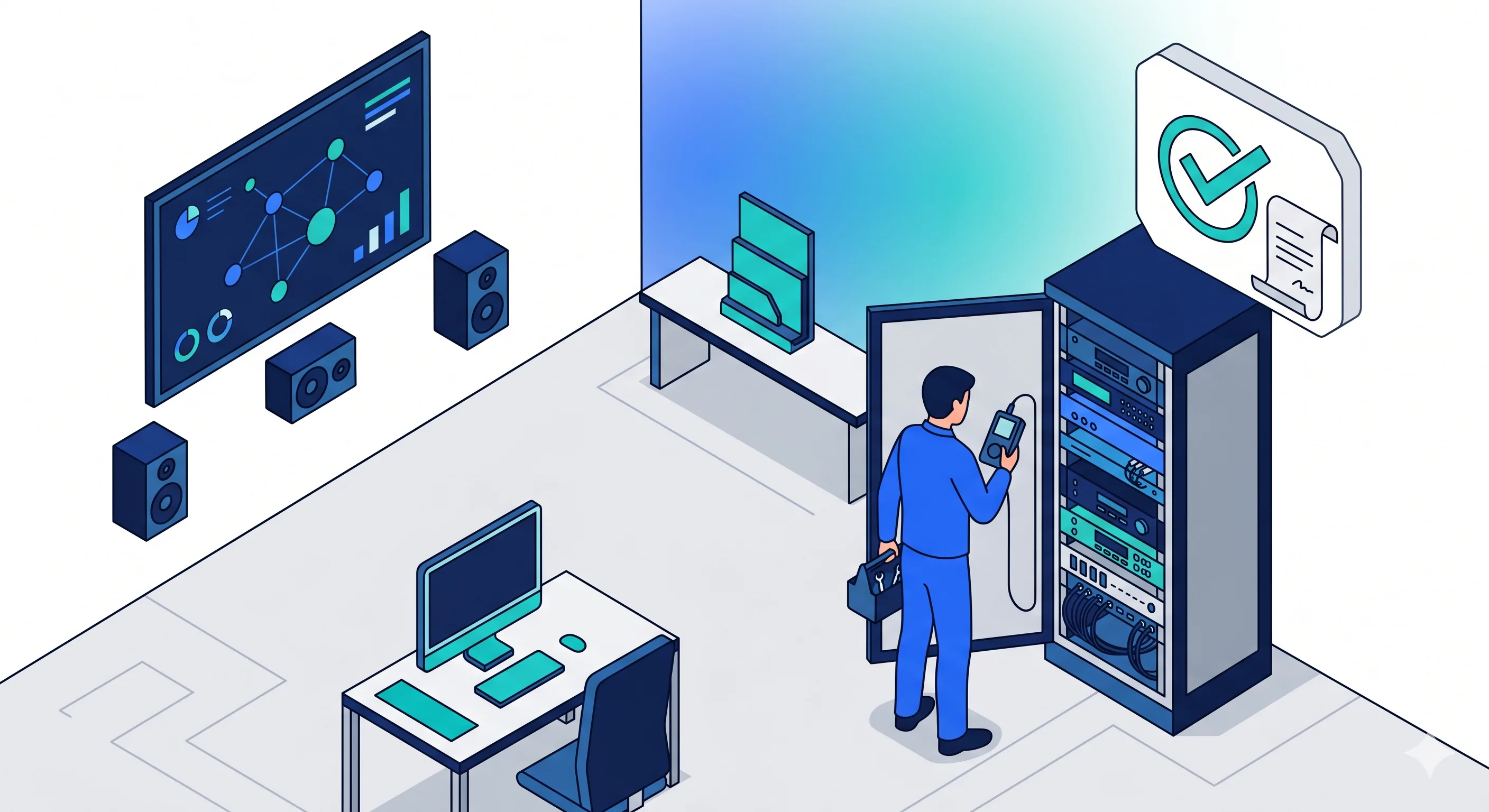 Maintenance d'une installation audiovisuelle sous contrat : contrôle d'un rack et rapport signé