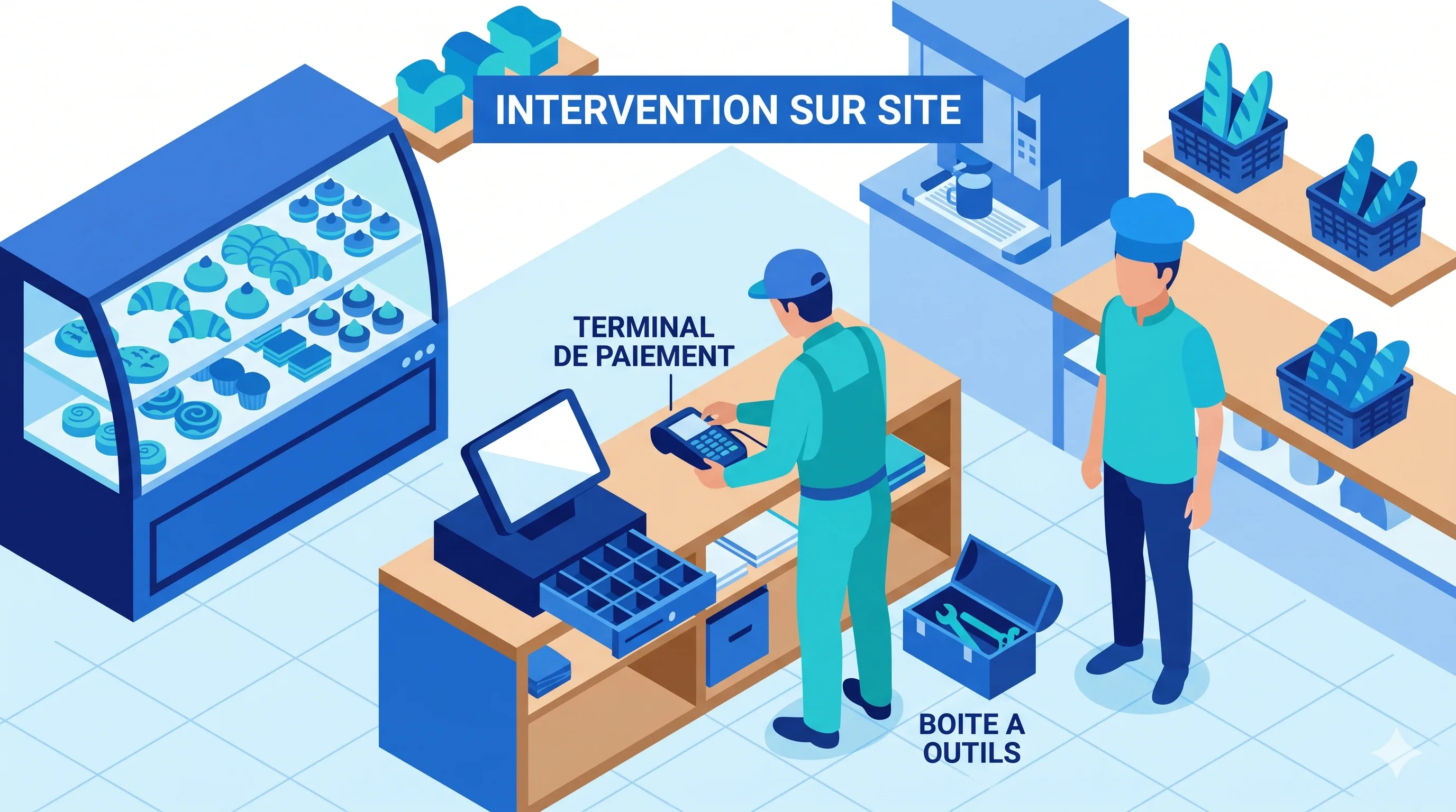 Intervention d'un technicien sur une caisse tactile et un TPE en magasin