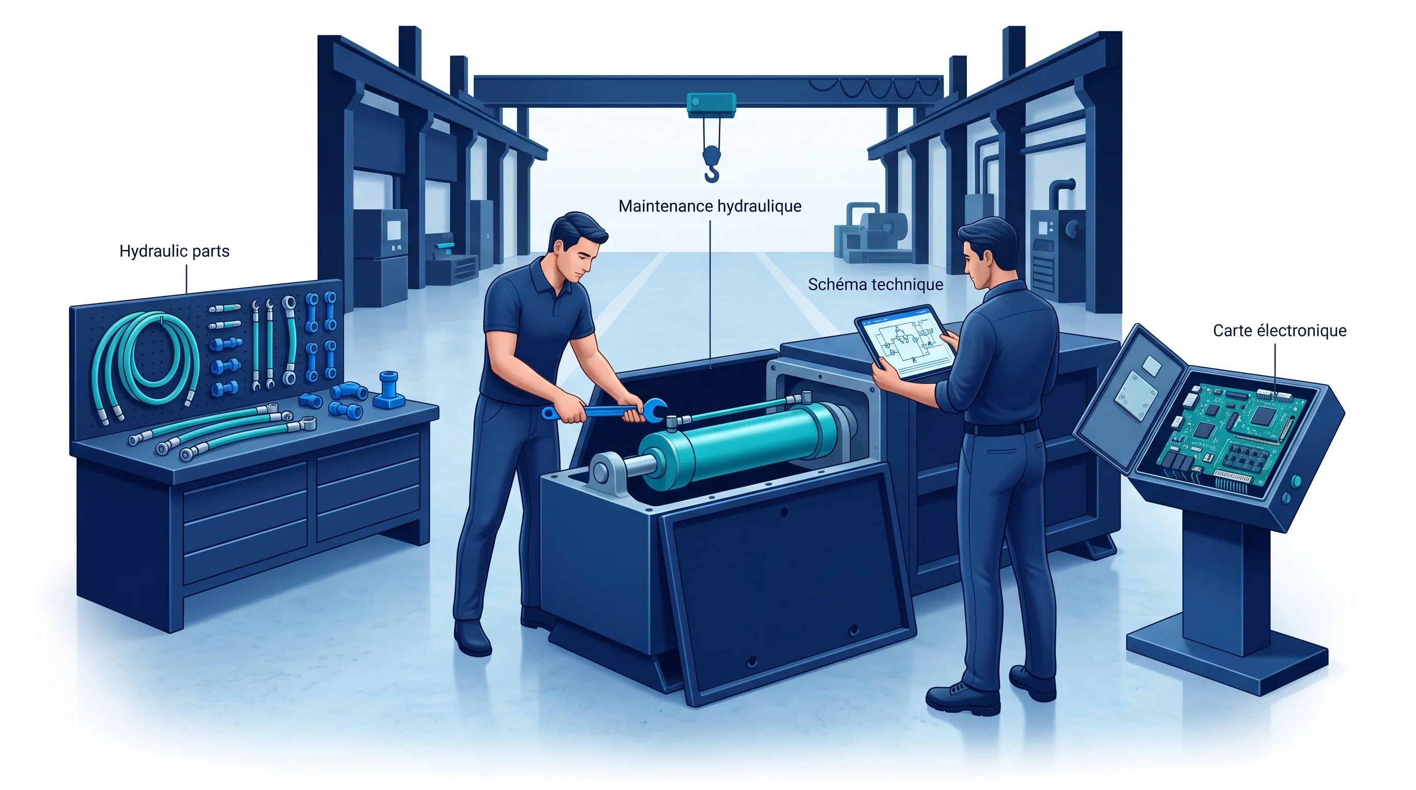 Atelier de maintenance d'un compacteur industriel avec pièces hydrauliques