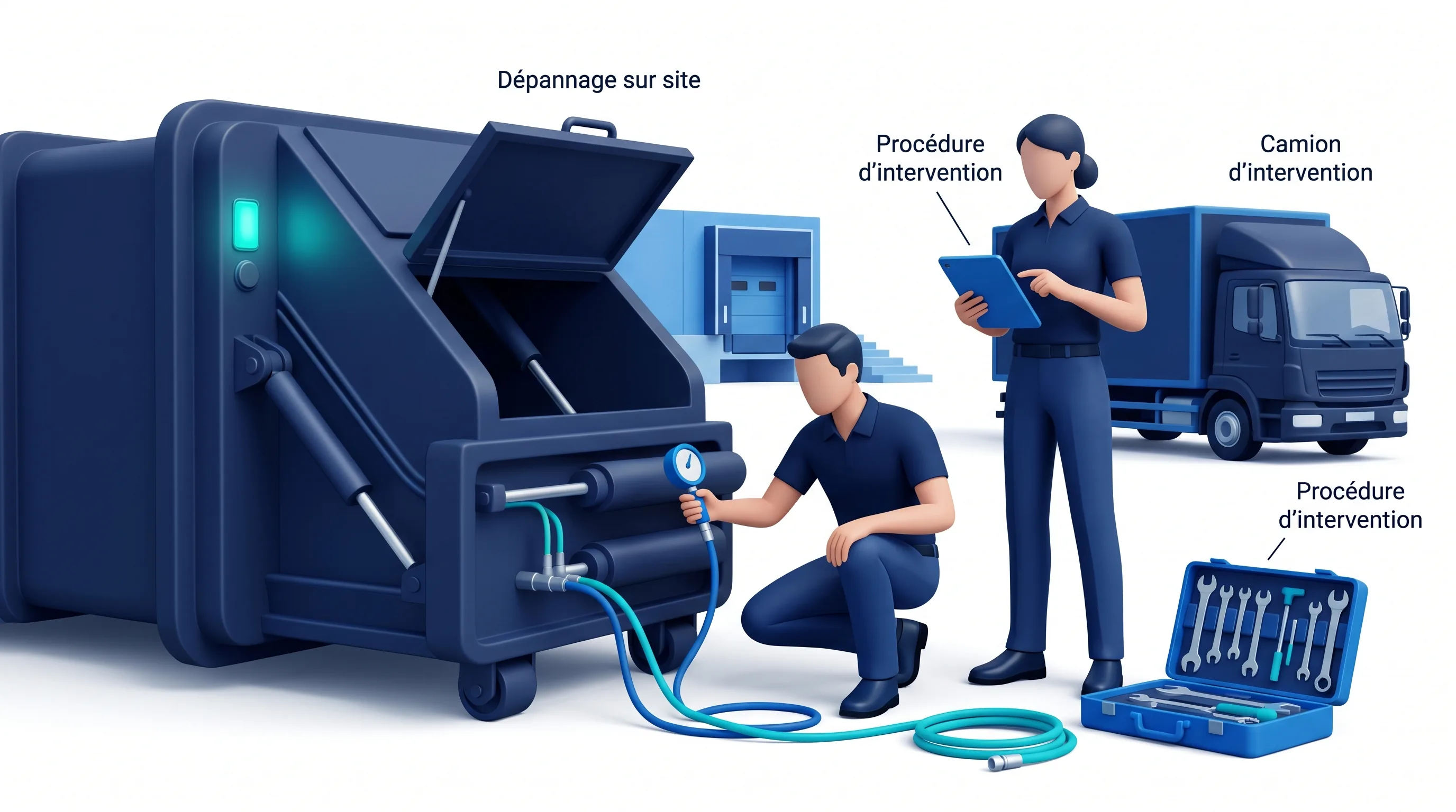Intervention sur site sur un compacteur industriel par un technicien