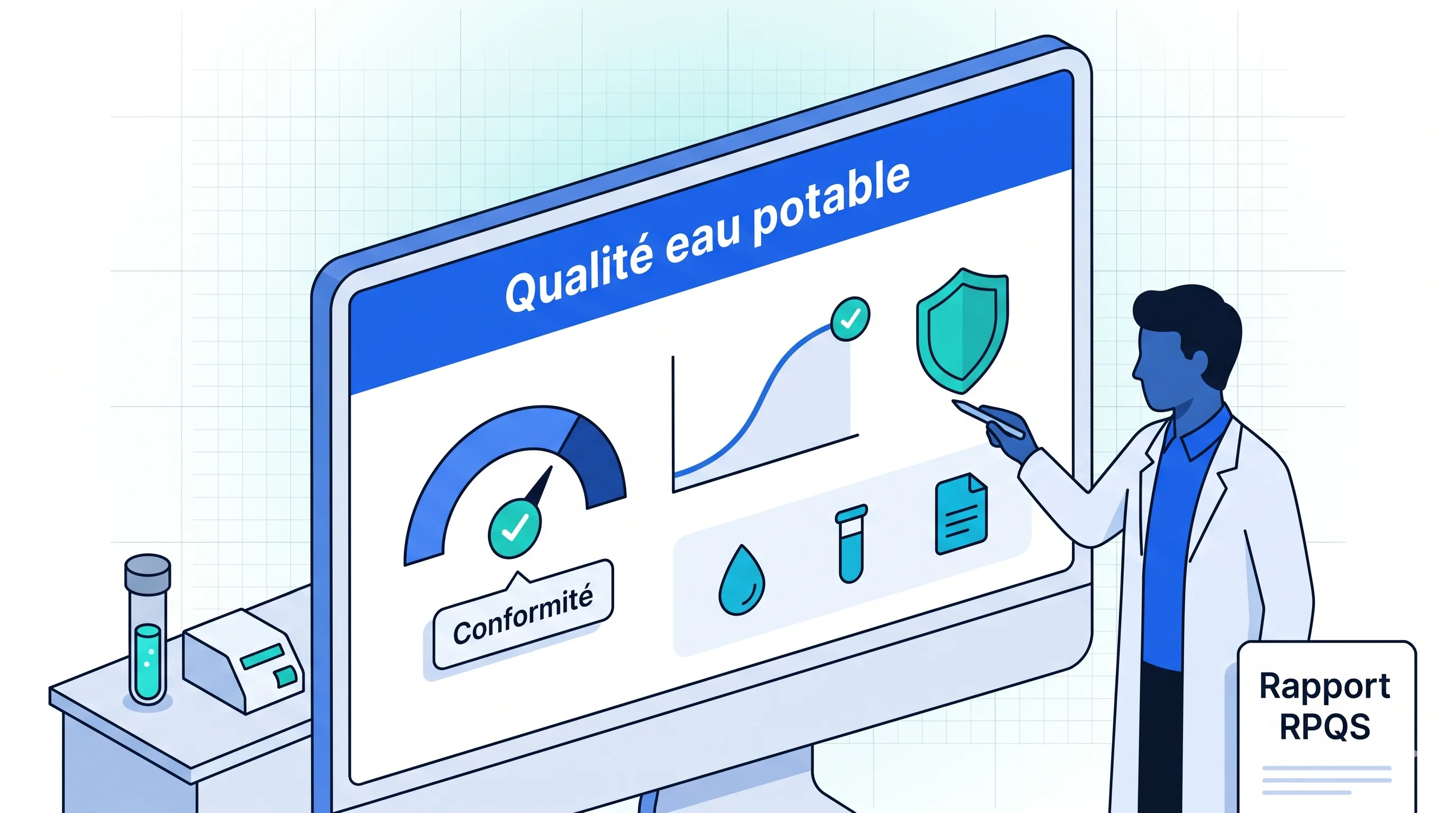 Tableau de bord des contrôles qualité de l'eau potable et indicateurs RPQS — écran d'analyse des prélèvements et rendement de réseau