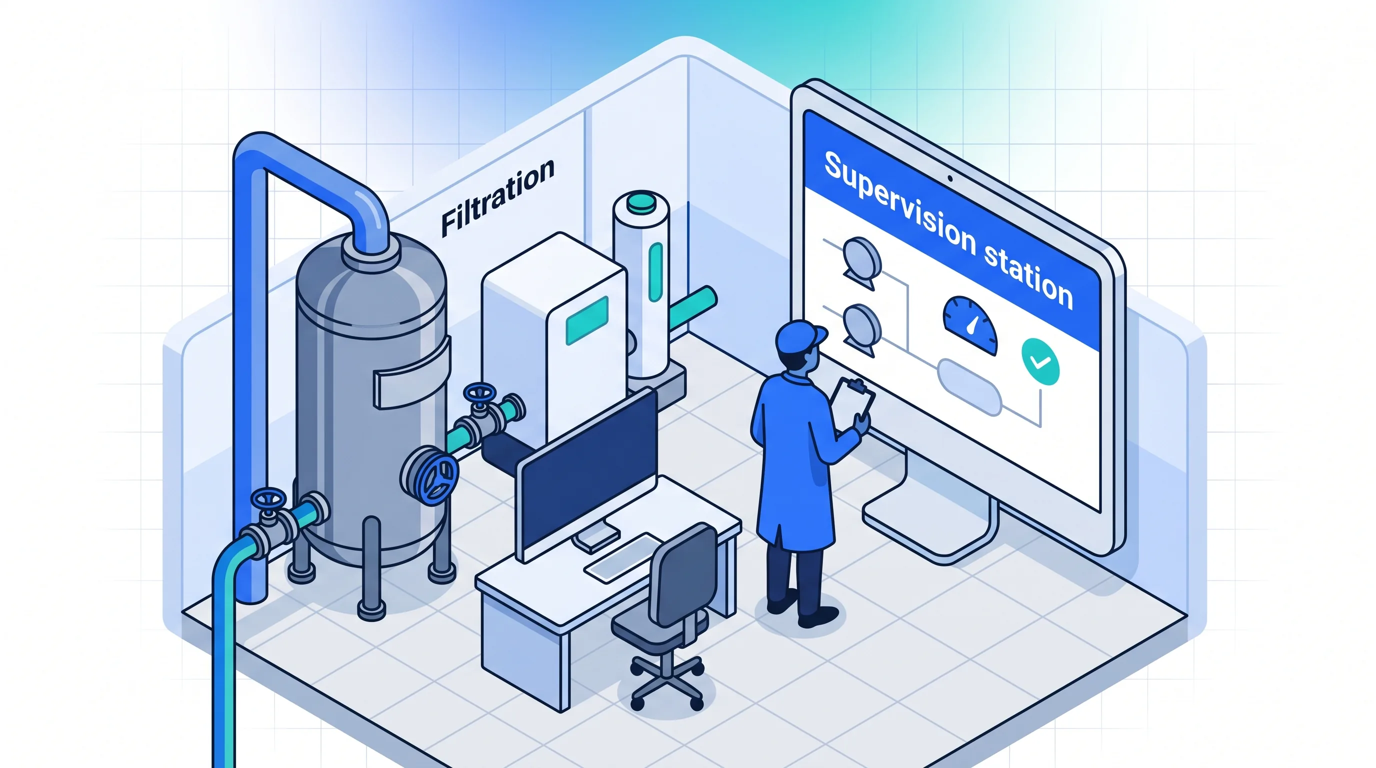 Station de pompage et de potabilisation d'eau potable — vue technique avec écran de supervision et technicien sur site