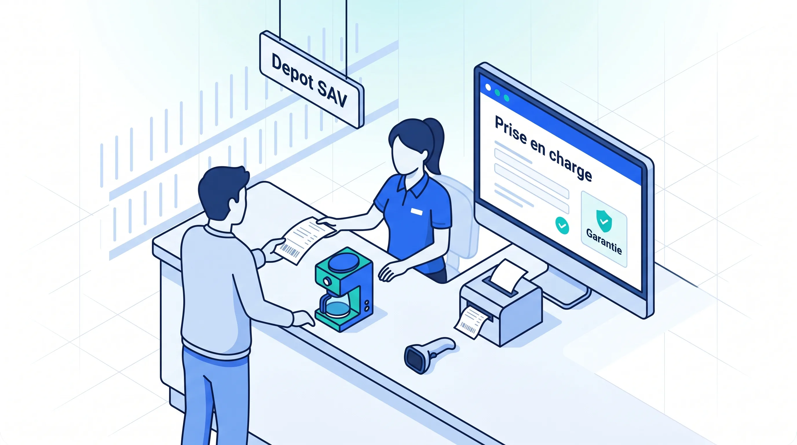 Conseiller SAV enregistrant un dépôt client au comptoir d'un magasin de grande distribution, ticket sur écran